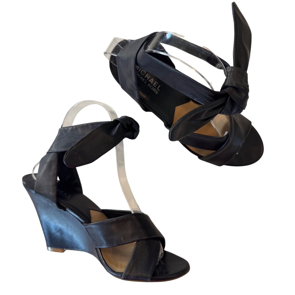 Michael Michael Kors Women 7 M Black Leather Ankle Wrap Wedge Heeled Sandals